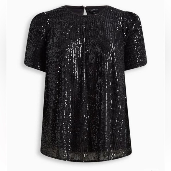 Torrid Black Sequin Ruched Sleeve Crew Neck Top - Picture 1 of 13